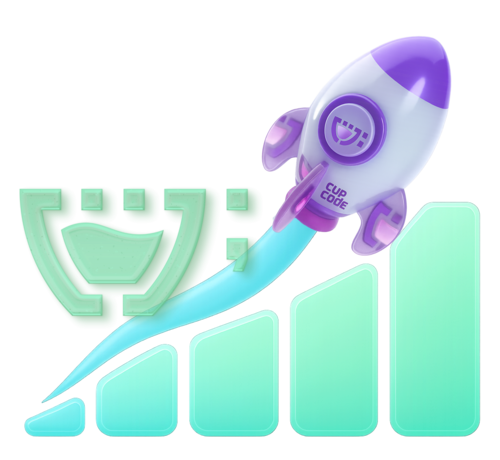 Logotipo da Gestão de Tráfego Pago da Cupcode, o logotipo e os dizeres: Tráfego Pago, são mostrados com efeito de holografia e em camadas, verde, roxo e rosa.