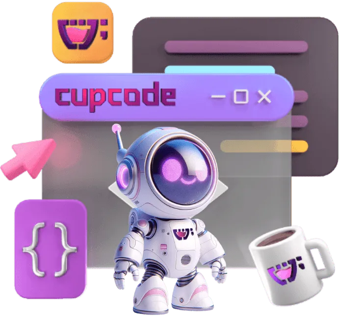 O Robô AiDAR com vários elementos gráficos ao redor, como uma caneca da Cupcode, uma tela de mecanismo de busca atrás, uma seta de cursor de mouse rosa, e o símbolo de colchete.