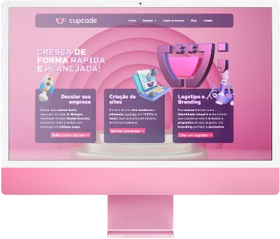 Macbook com uma tela de uma Landing page rosa da Cupcode com um carrinho roxo e branco na frente